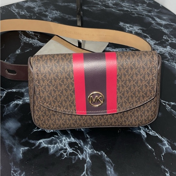 Michael Kors Brown Signature Leather Stripe Waist Fanny Belt Bag S/M - Picture 9 of 13